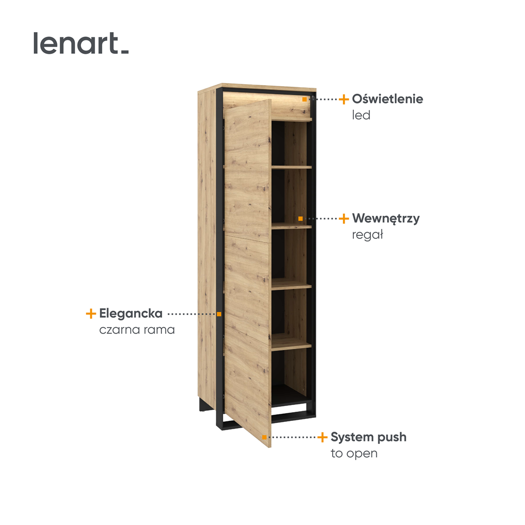 Szafa QUANT szerokość 60 cm z oświetleniem dąb artisan/czarny 2 Tradycyjna Do salonu Do pokoju młodzieżowego