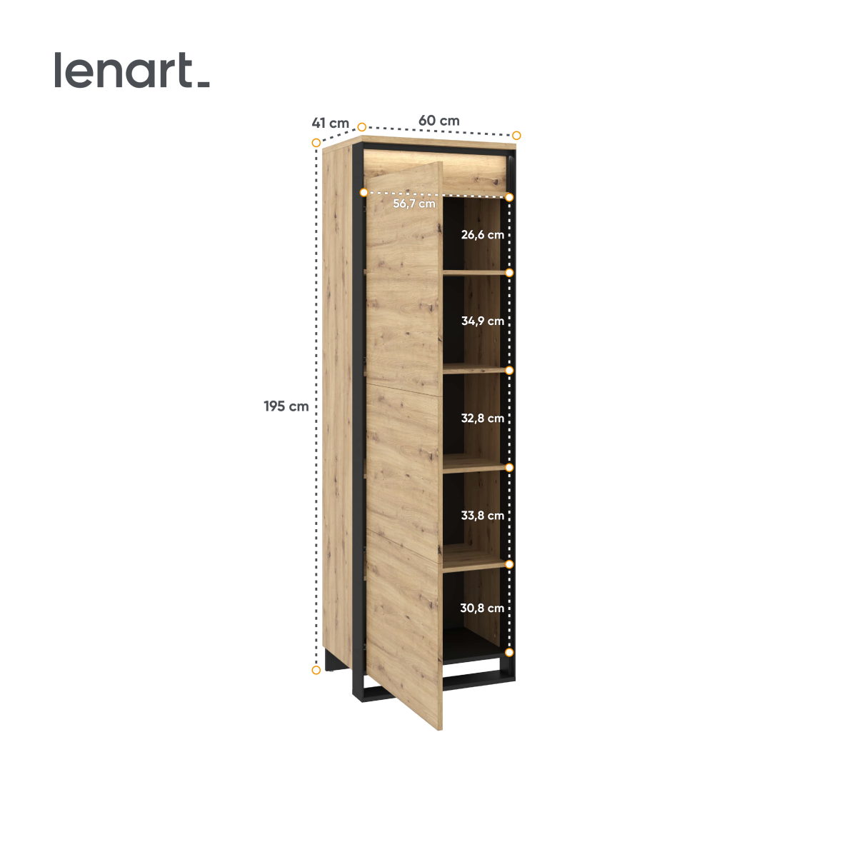 Szafa QUANT szerokość 60 cm z oświetleniem dąb artisan/czarny 2 Tradycyjna Do salonu Do pokoju młodzieżowego