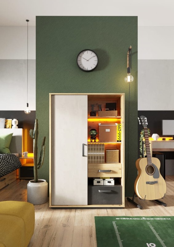 Szafka QUBIC szerokość 90 cm z oświetleniem dąb artisan/raw steel/silk flou 5 Tradycyjna Do salonu Do pokoju młodzieżowego