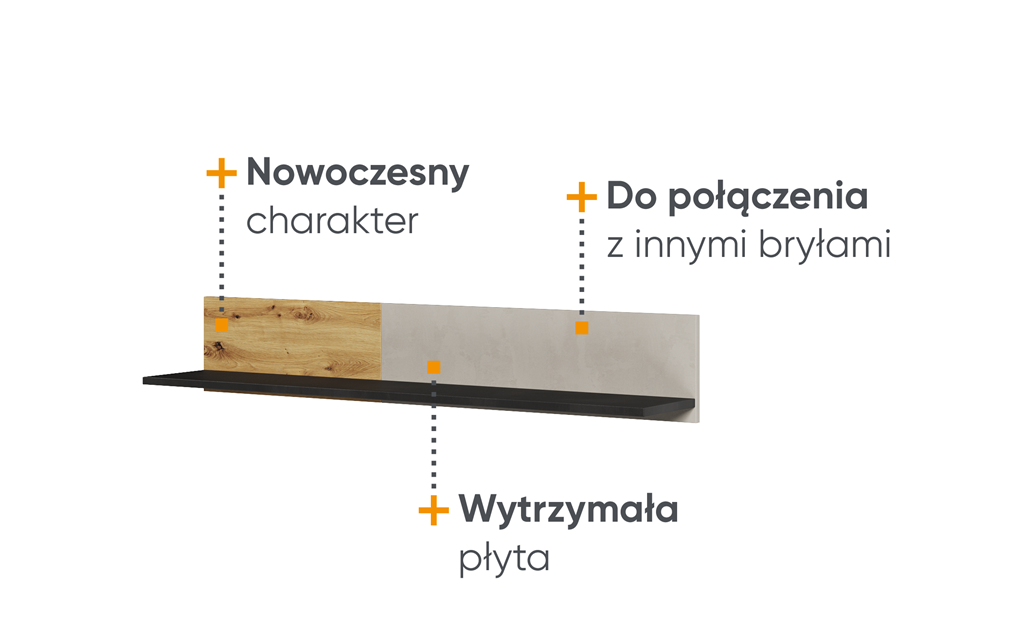 Półka wisząca QUBIC szerokość 115 cm dąb artisan/raw steel/silk flou 9 Tradycyjna Do salonu Do pokoju młodzieżowego