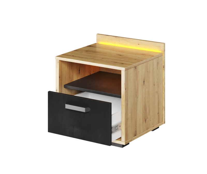 Szafka nocna QUBIC szerokość 45 cm z oświetleniem dąb artisan/raw steel/silk flou 10 Tradycyjna Do salonu Do pokoju młodzieżowego