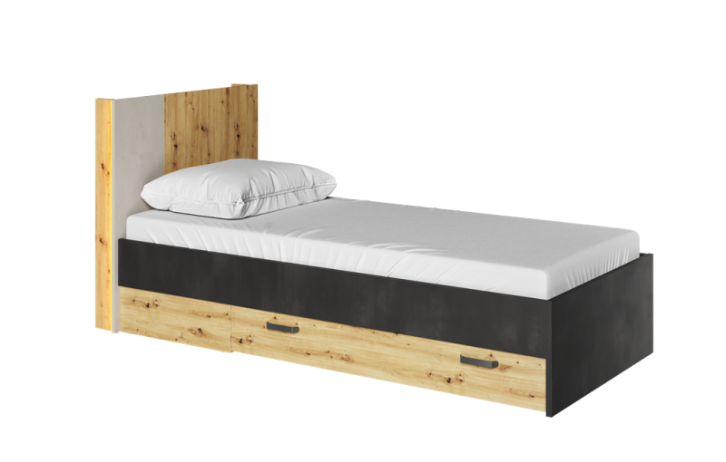 Łóżko QUBIC szerokość 100 cm ze stelarzem z oświetleniem dąb artisan/raw steel/silk flou 12 Tradycyjna Do salonu Do pokoju młodzieżowego