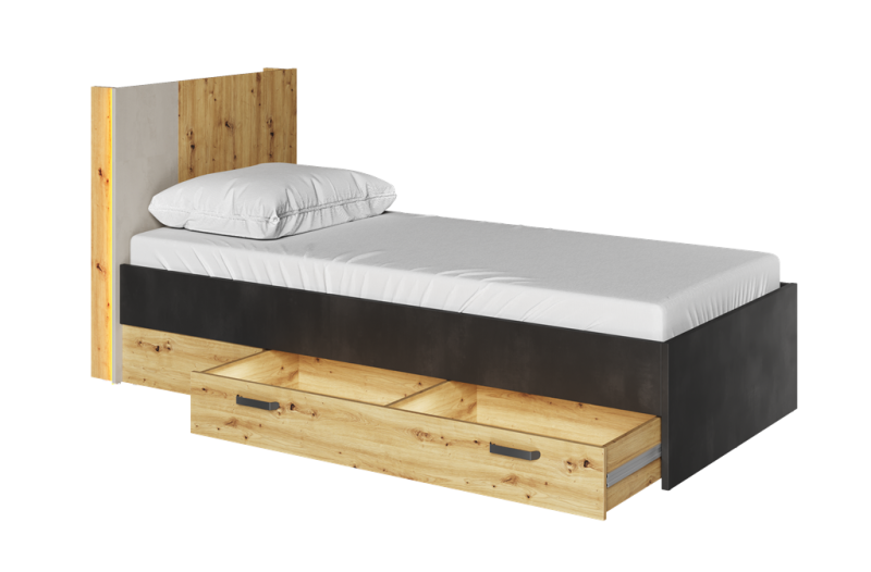 Łóżko QUBIC szerokość 100 cm ze stelarzem z oświetleniem dąb artisan/raw steel/silk flou 12 Tradycyjna Do salonu Do pokoju młodzieżowego