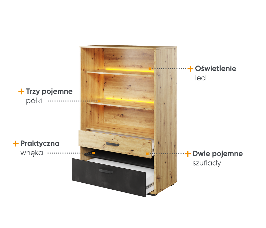Regał QUBIC szerokość 90 cm z oświetleniem dąb artisan/raw steel/silk flou 6