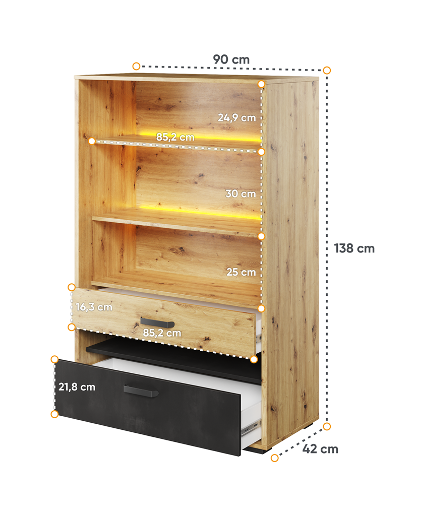 Regał QUBIC szerokość 90 cm z oświetleniem dąb artisan/raw steel/silk flou 6