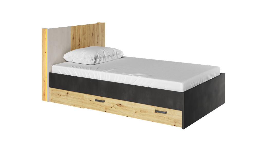 Łóżko QUBIC szerokość 130 cm ze stelarzem z oświetleniem dąb artisan/raw steel/silk flou 11