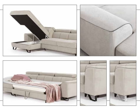 Zdjęcie Prezentujące Cechy Narożnika ASTI L 280 cm z Funkcją Spania oraz Pojemnikiem na Pościel