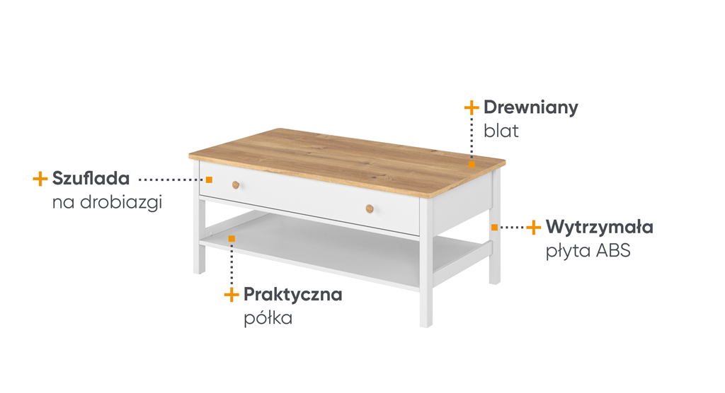 Stolik STORY szerokość 110 cm biały/dąb nash 15 Tradycyjna Do salonu Do pokoju młodzieżowego