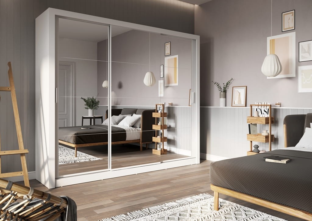 Szafa IDEA przesuwna 3D szerokość 250 cm biały Tradycyjna Do Sypialni Przestronna Lustro