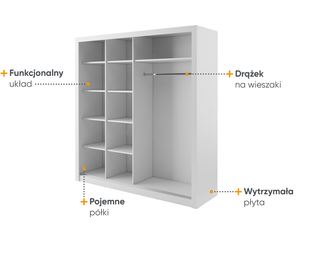 Szafa przesuwna IDEA 3D z lustrami szerokość 203 cm biały ID12BI Tradycyjna Do Sypialni Przestronna Lustro