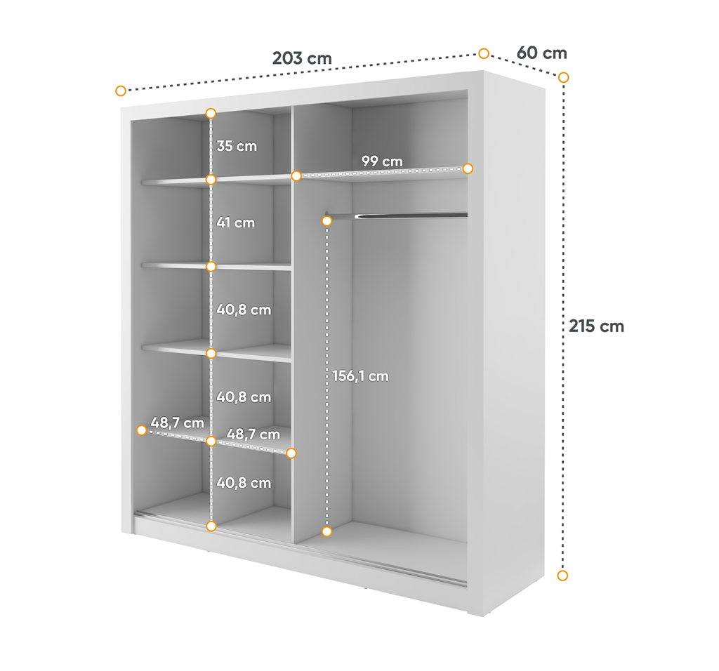 Szafa przesuwna IDEA 3D z lustrami szerokość 203 cm biały ID12BI Tradycyjna Do Sypialni Przestronna Lustro