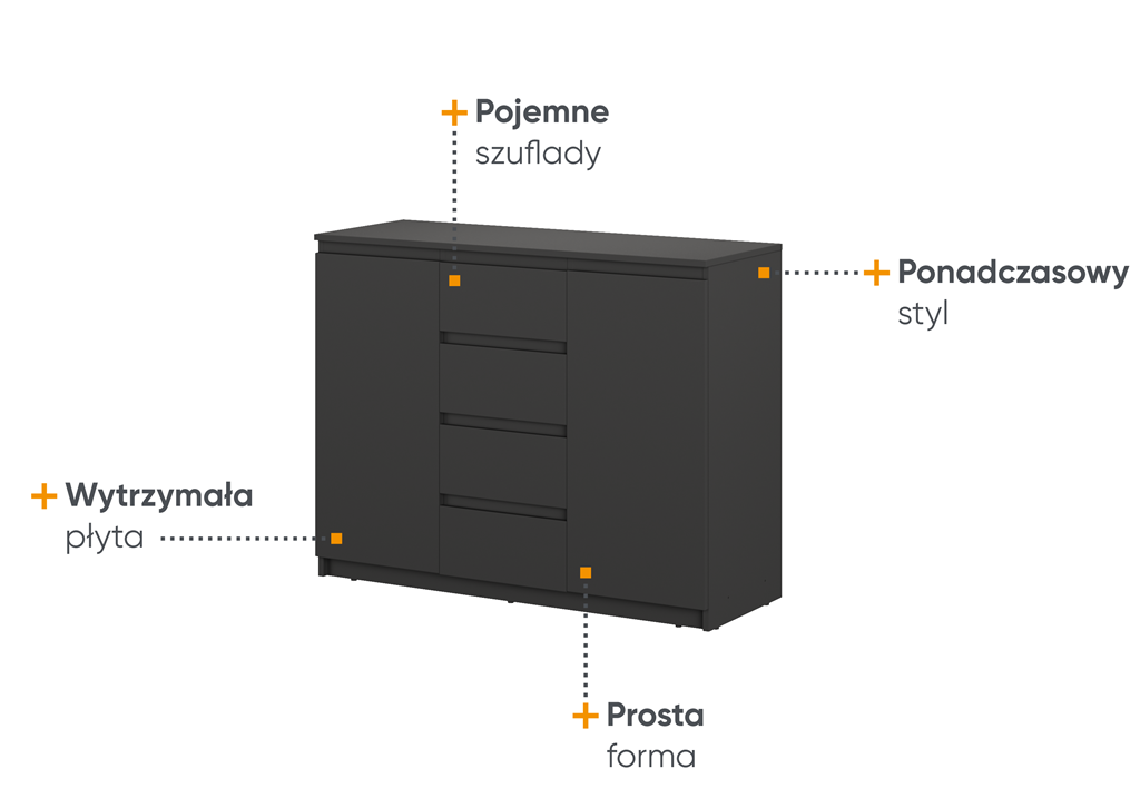 Komoda IDEA 2D szerokość 109 cm czarny ID4C Tradycyjna Do Sypialni Przestronna Lustro
