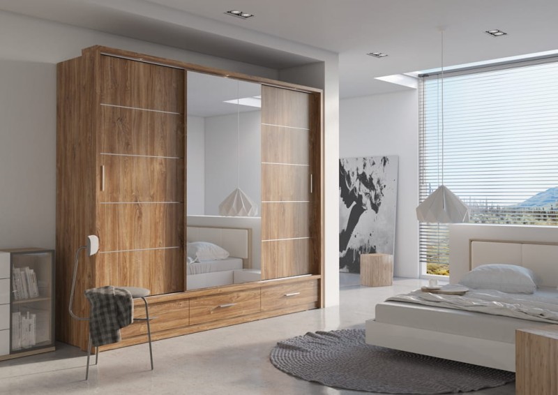 Szafa przesuwna z oświetleniem  ARTI lustro szerokość 250 cm dąb styrling AR1DYP Tradycyjna Do Sypialni Przestronna Lustro