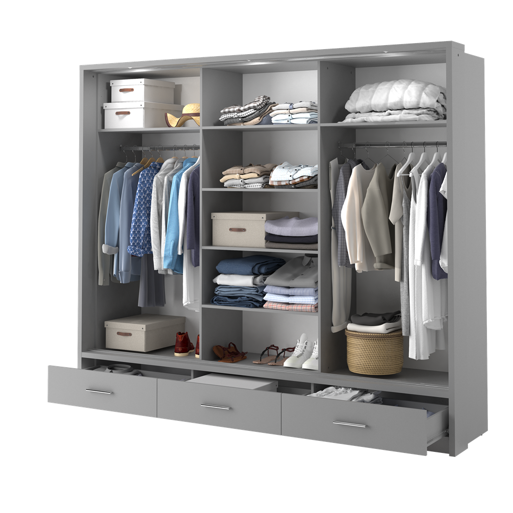 Szafa przesuwna z oświetleniem  ARTI lustro szerokość 250 cm szary AR1SP Tradycyjna Do Sypialni Przestronna Lustro