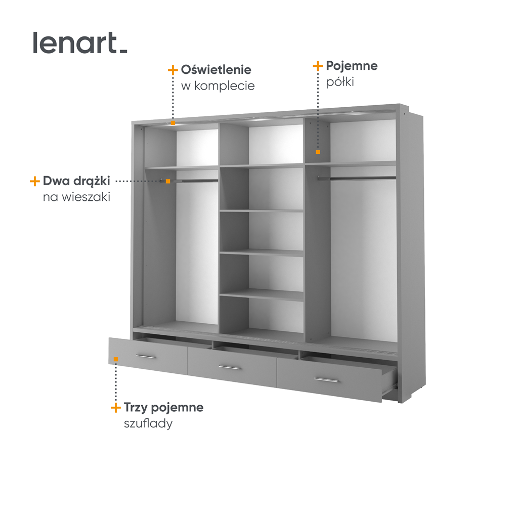 Szafa przesuwna z oświetleniem  ARTI lustro szerokość 250 cm szary AR1SP Tradycyjna Do Sypialni Przestronna Lustro