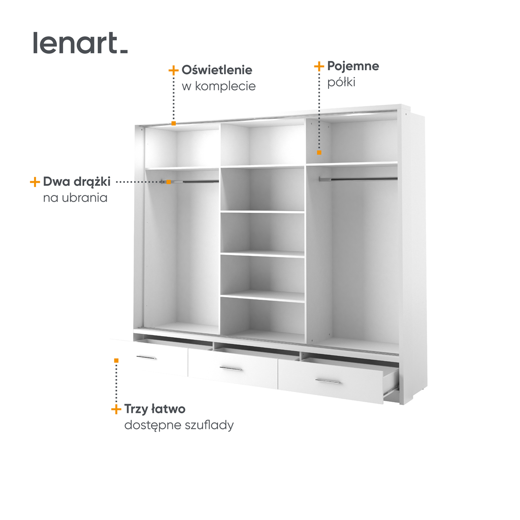 Szafa przesuwna z oświetleniem  ARTI lustro szerokość 250 cm biały AR1BIP3L Tradycyjna Do Sypialni Przestronna Lustro