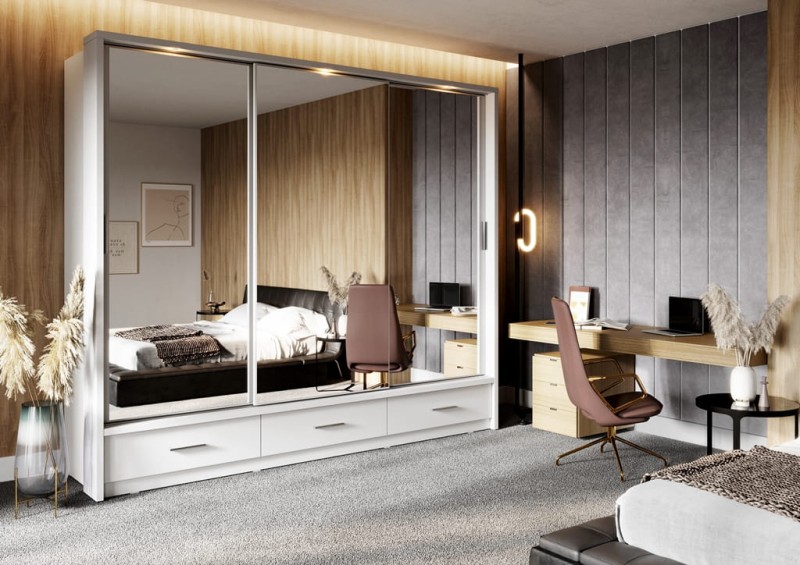 Szafa przesuwna z oświetleniem  ARTI lustro szerokość 250 cm biały AR1BIP3L Tradycyjna Do Sypialni Przestronna Lustro