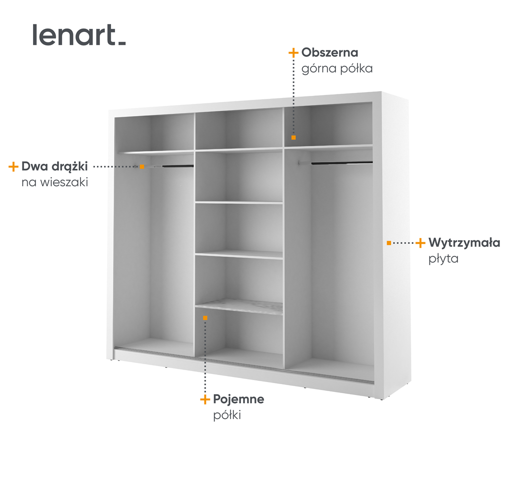 Szafa przesuwna z oświetleniem ARTI lustro szerokość 250 cm biały AR2BI Tradycyjna Do Sypialni Przestronna Lustro