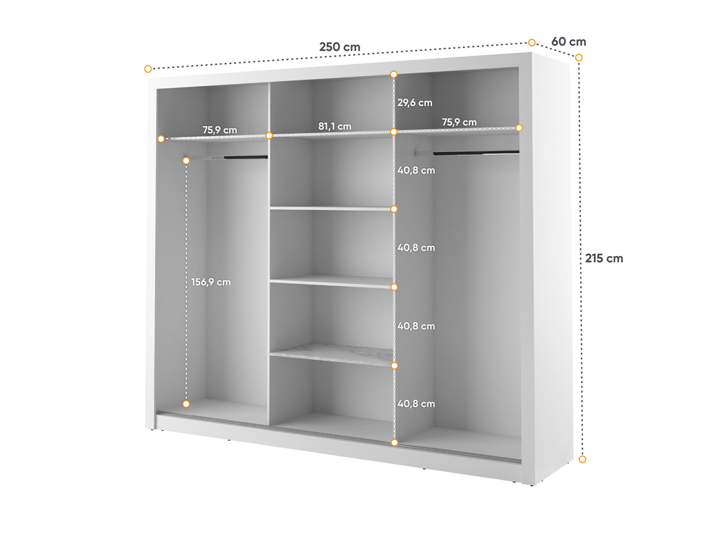 Szafa przesuwna z oświetleniem ARTI lustro szerokość 250 cm biały AR2BI Tradycyjna Do Sypialni Przestronna Lustro