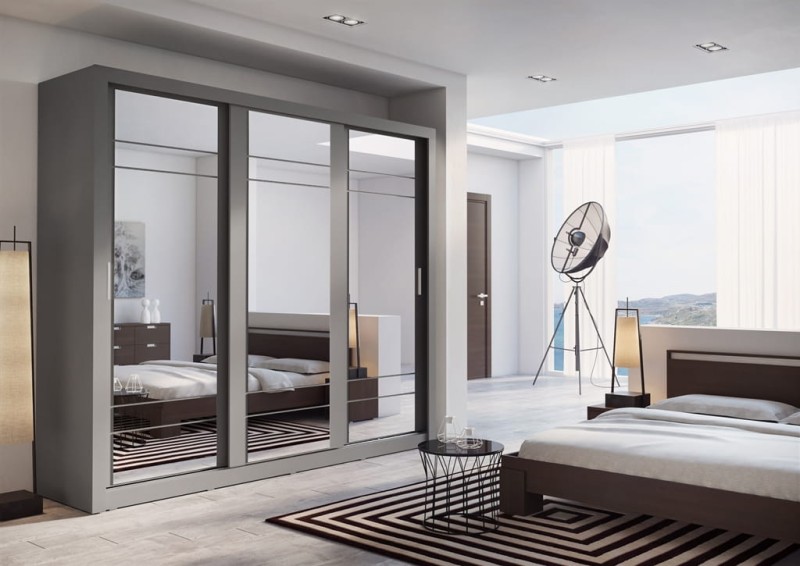 Szafa przesuwna z oświetleniem ARTI lustro szerokość 250 cm szary AR2S Tradycyjna Do Sypialni Przestronna Lustro