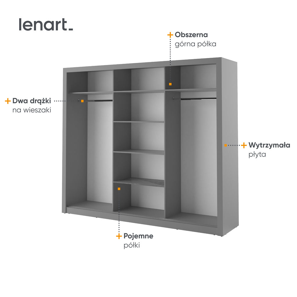 Szafa przesuwna z oświetleniem ARTI lustro szerokość 250 cm szary AR2S Tradycyjna Do Sypialni Przestronna Lustro