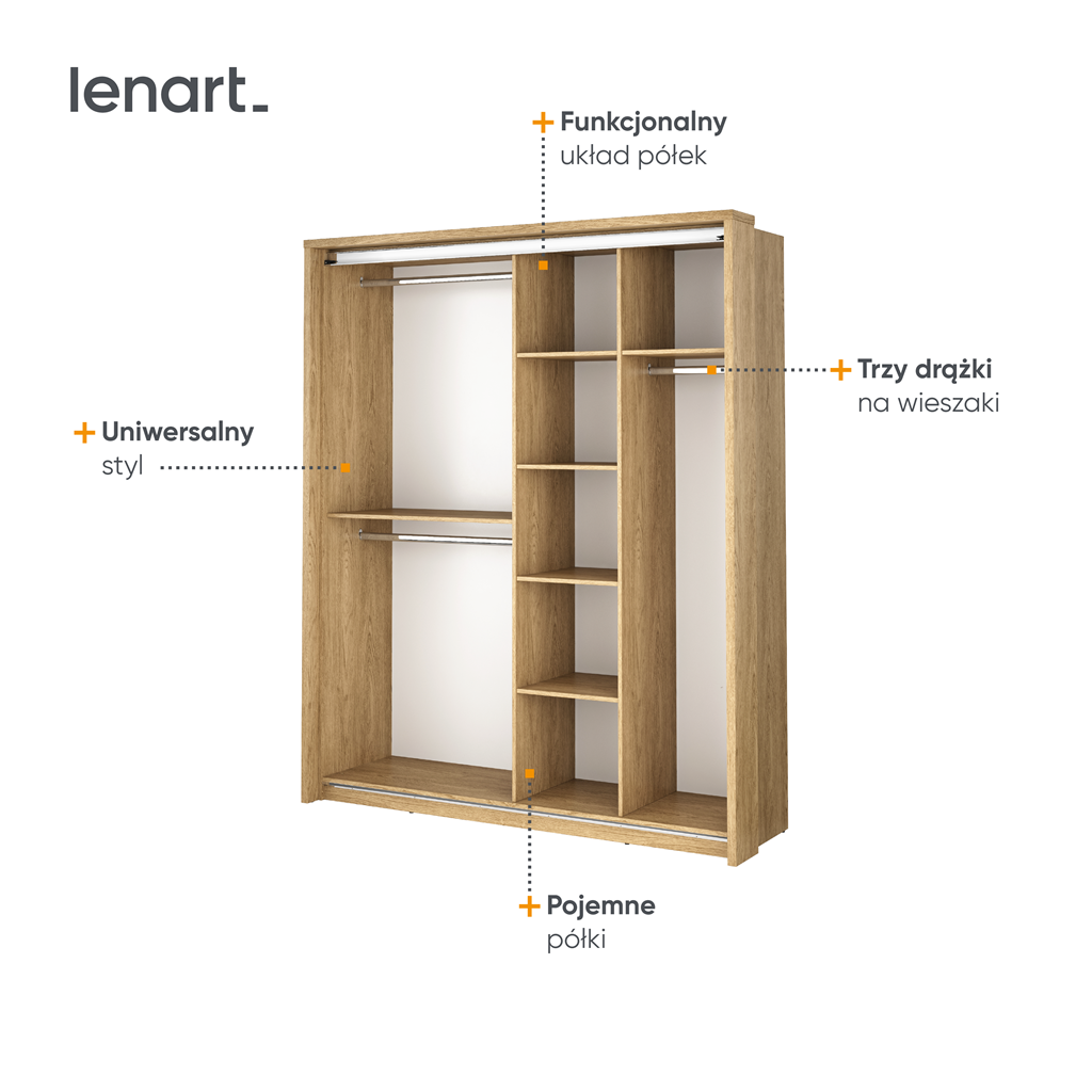 Szafa przesuwna z lustrem ARTI szerokość 180 cm dąb shetland AR17DH Tradycyjna Do Sypialni Przestronna Lustro