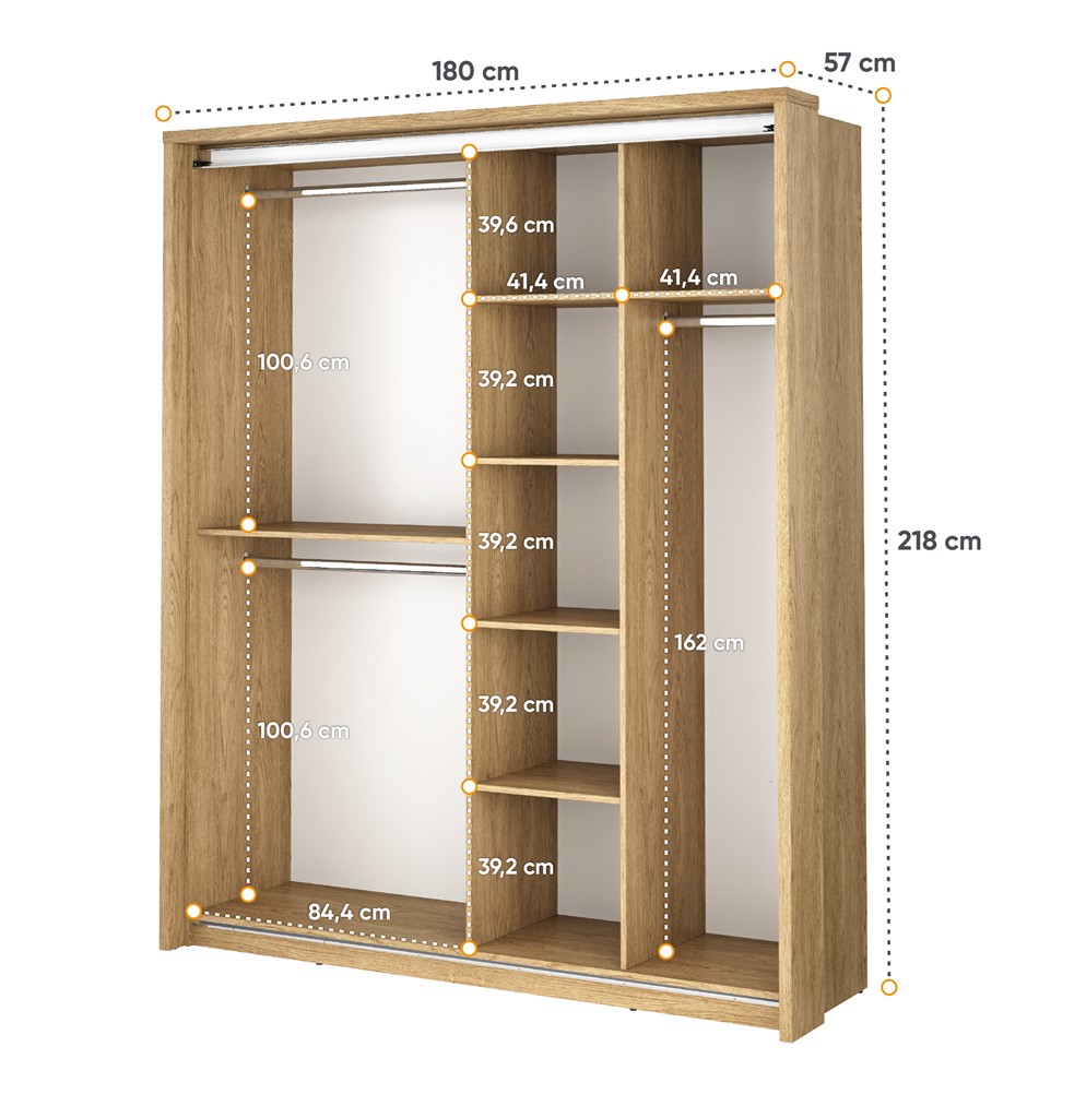 Szafa przesuwna z lustrem ARTI szerokość 180 cm dąb shetland AR17DH Tradycyjna Do Sypialni Przestronna Lustro