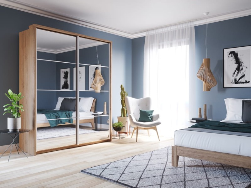 Szafa przesuwna z lustrem ARTI szerokość 180 cm dąb shetland AR17DH Tradycyjna Do Sypialni Przestronna Lustro