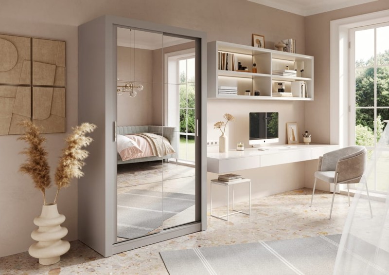 Szafa przesuwna z lustrem ARTI szerokość 120 cm szary AR19S Tradycyjna Do Sypialni Przestronna Lustro