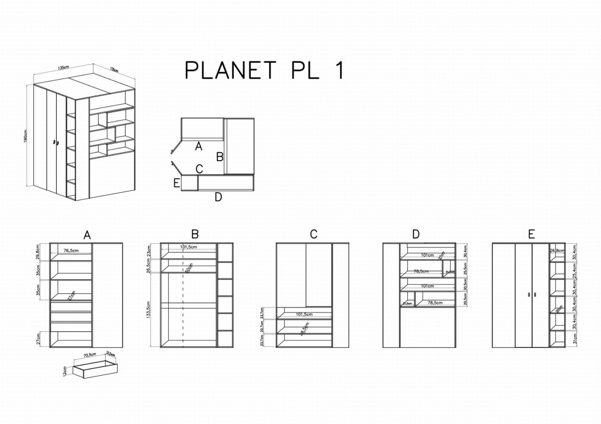 Szafa Planet PL1 Szerokość 135 cm biały lux / dąb / morski Meblar System 1 WYMIARY.JPG