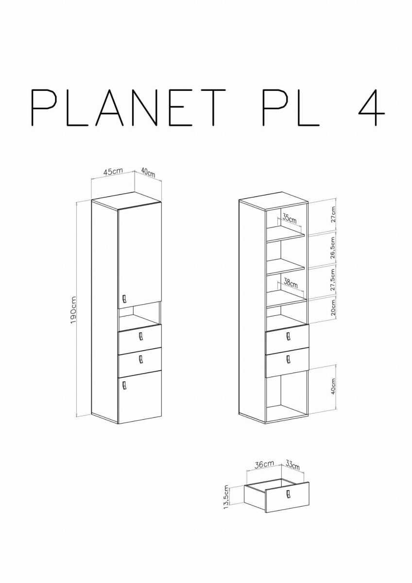 Regał Planet PL4 Szerokość 45 cm czarny / dąb / beż Meblar System 4 wymiary.jpg