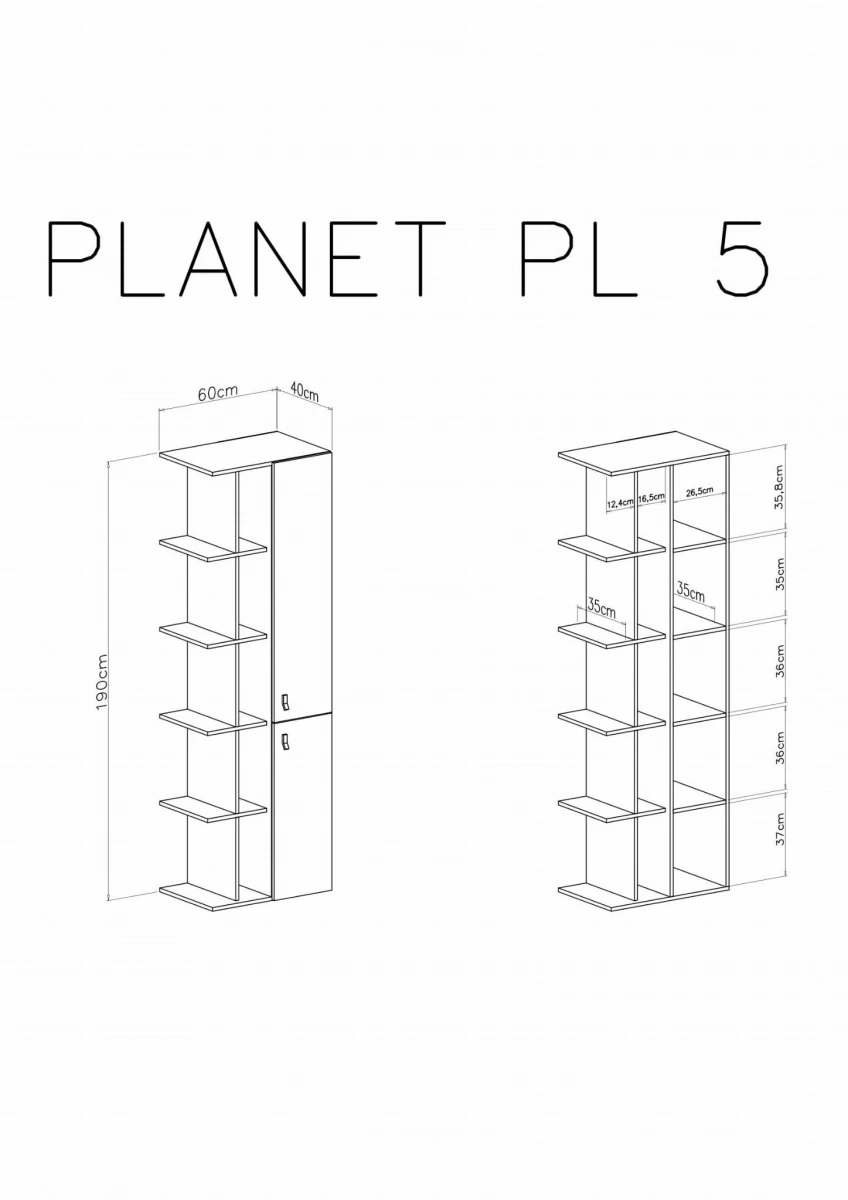 Regał Planet PL5 Szerokość 60 cm czarny / dąb / beż Meblar System 5 WYMIARY.jpg