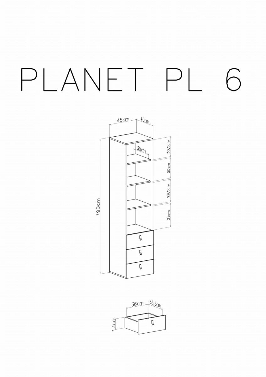 Regał Planet PL6 Szerokość 45 cm czarny / dąb / beż Meblar System 6 WYMIARY