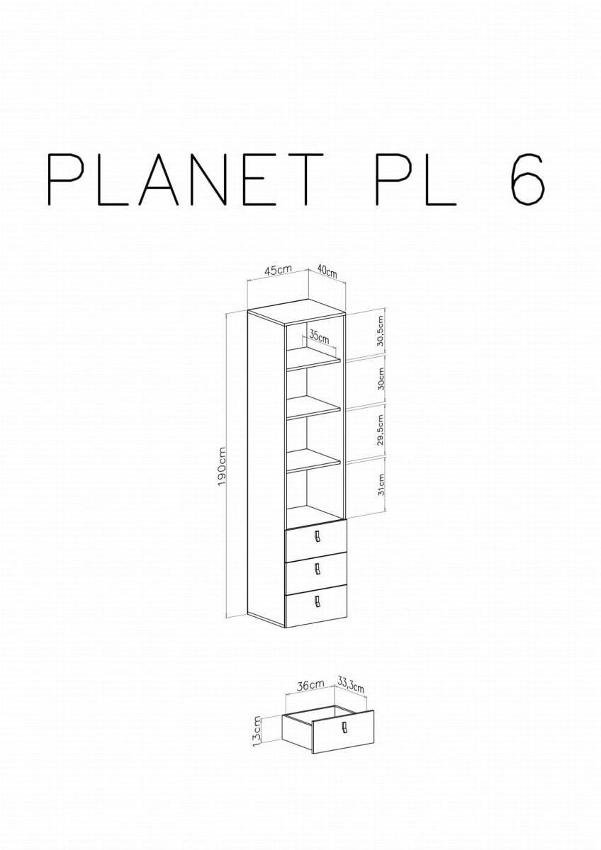 Regał Planet PL6 Szerokość 45 cm biały lux / dąb / morski Meblar System 6 WYMIARY