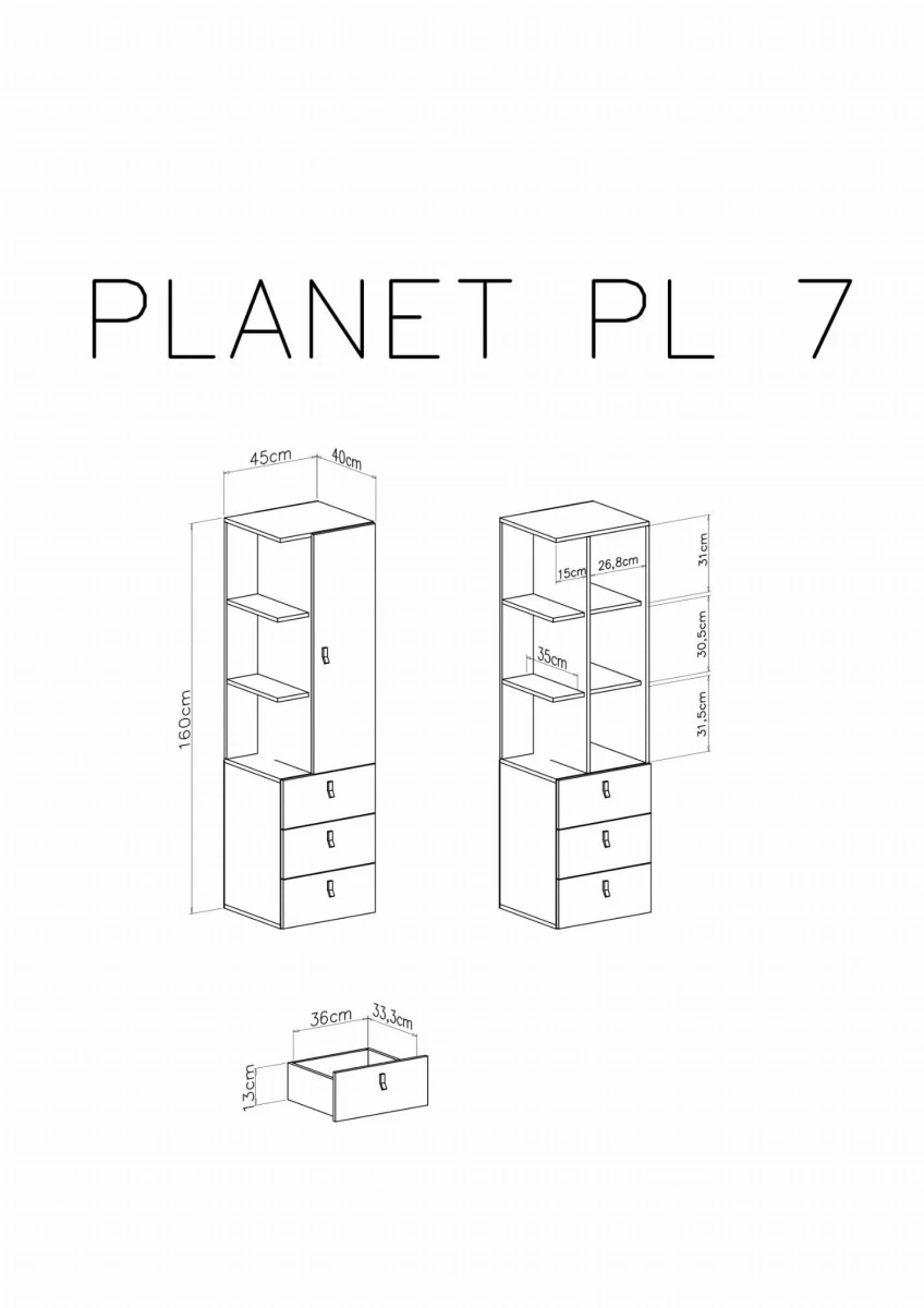 Regał Planet PL7 Szerokość 45 cm biały lux / dąb / morski Meblar System 7 WYMIARY.jpg