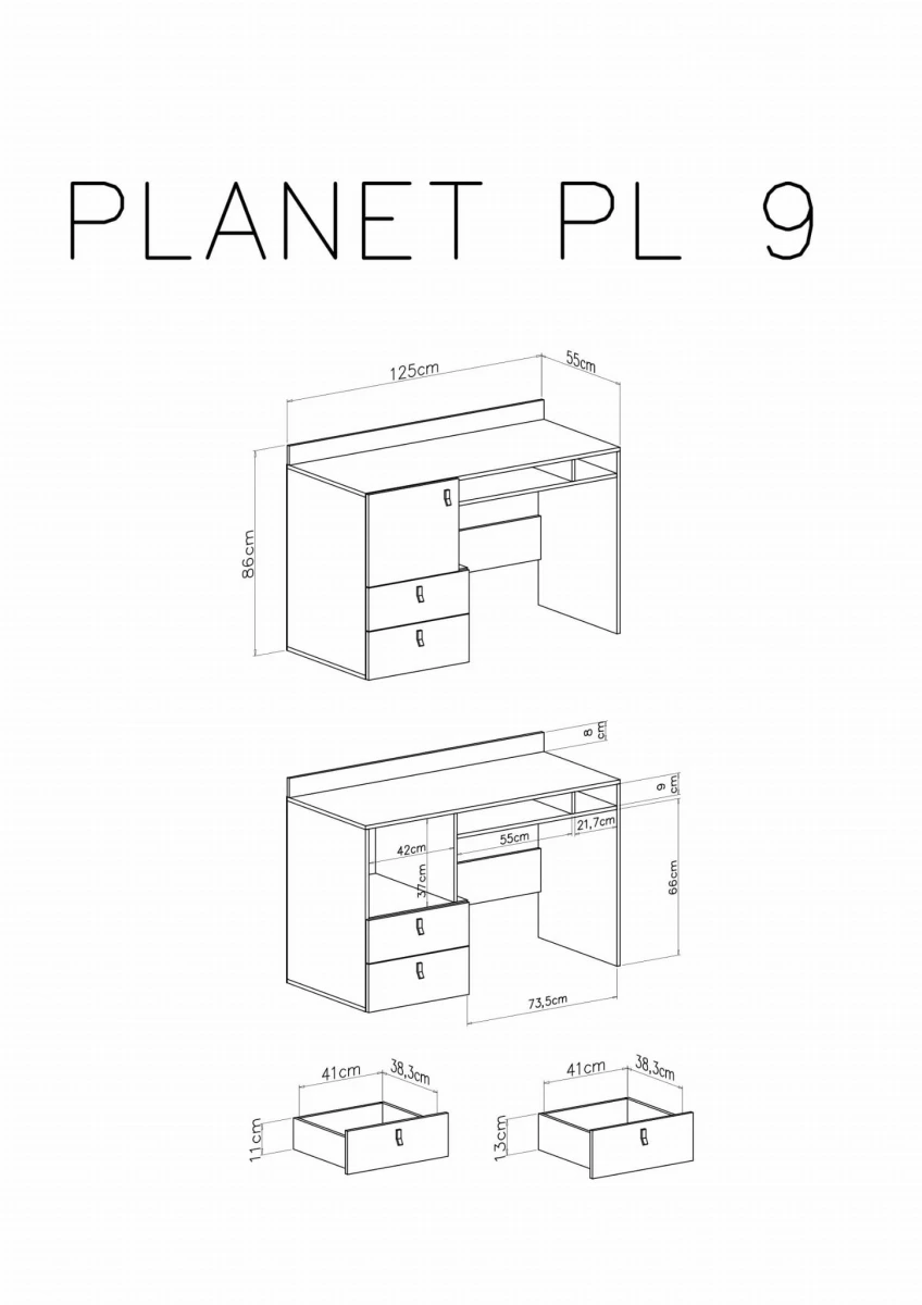 Biurko Planet PL9 Szerokość 125 cm czarny / dąb / beż Meblar System 9 WYMIARY.jpg