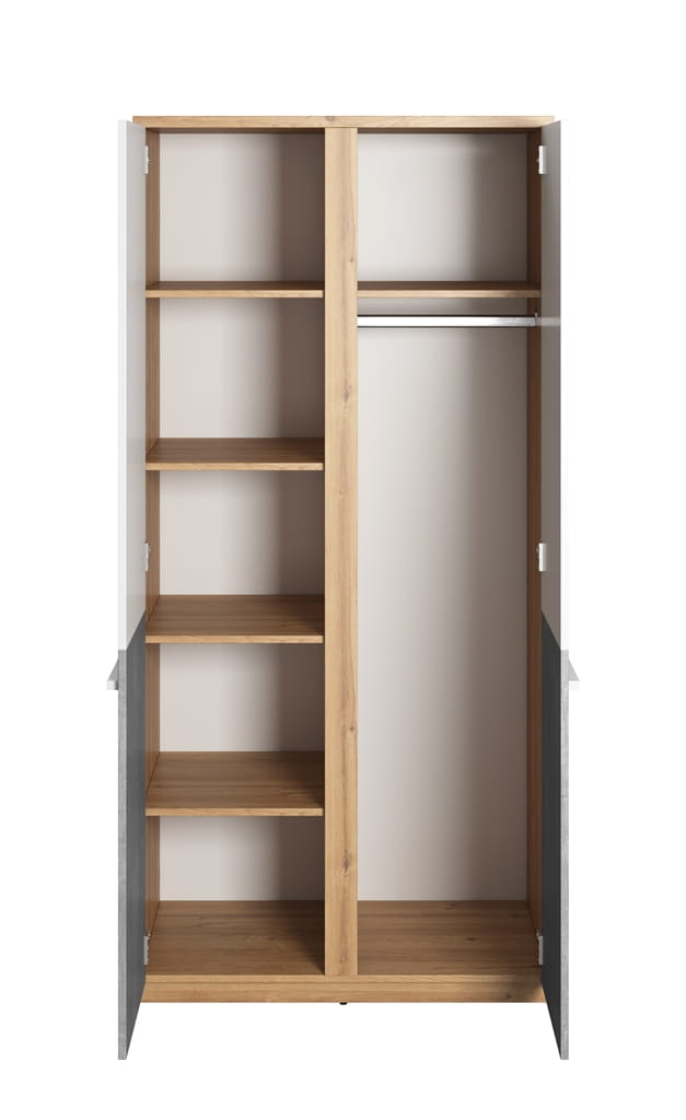 Szafa PLANO szerokość 90 cm dąb nash/biały/beton PN2DBB Nowoczesna Do Sypialni Do Przestronna Pojemna Półki Książki