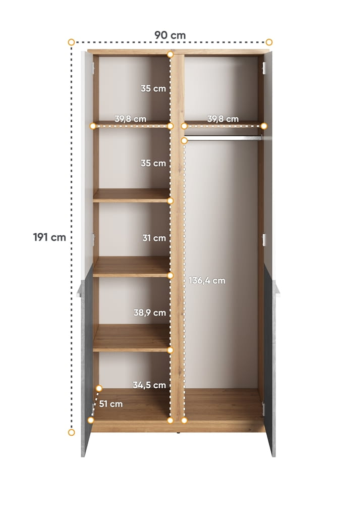 Szafa PLANO szerokość 90 cm dąb nash/biały/beton PN2DBB Nowoczesna Do Sypialni Do Przestronna Pojemna Półki Książki