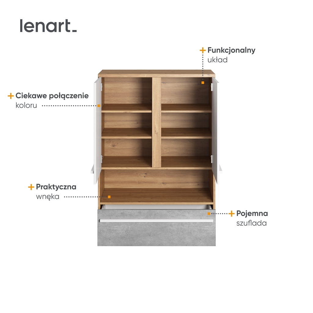 Szafka PLANO szerokość 90 cm dąb nash/biały/beton PN4DBB Nowoczesna Do Sypialni Do Przestronna Pojemna Półki Książki