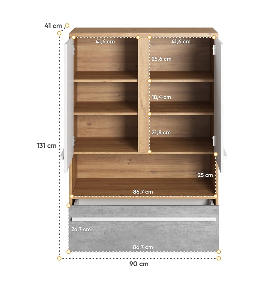 Szafka PLANO szerokość 90 cm dąb nash/biały/beton PN4DBB Nowoczesna Do Sypialni Do Przestronna Pojemna Półki Książki