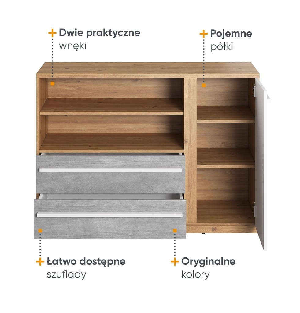 Komoda PLANO szerokość 125 cm dąb nash/biały/beton PN5DBB Nowoczesna Do Sypialni Do Przestronna Pojemna Półki Książki