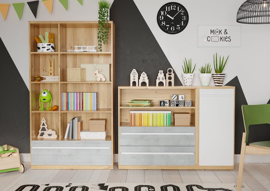 Komoda PLANO szerokość 125 cm dąb nash/biały/beton PN5DBB Nowoczesna Do Sypialni Do Przestronna Pojemna Półki Książki