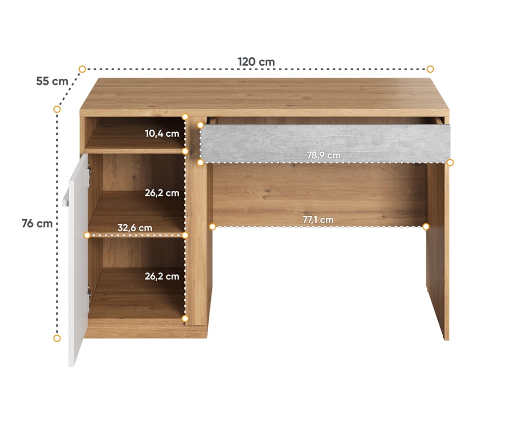 Biurko PLANO szerokość 120 cm dąb nash/biały/beton PN6DBB Nowoczesna Do Sypialni Do Przestronna Pojemna Półki Książki