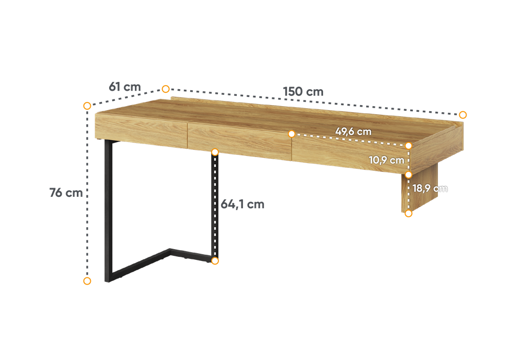 Biurko TEEN FLEX szerokość 150 cm hikora naturalna/raw steel TF4HRS Nowoczesna Przestronny Pojemny Półki Książki