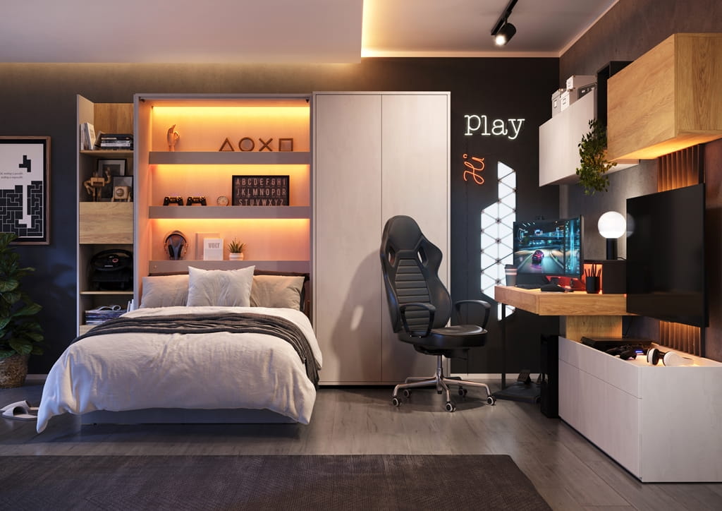 Nadstawka do biurka TEEN FLEX szerokość 150 cm z oświetleniem pomarańczowym - raw steel TF5RS Nowoczesna Przestronny Pojemny Półki Książki