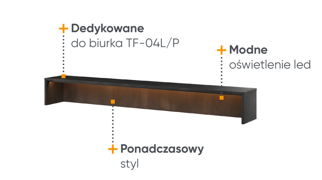 Nadstawka do biurka TEEN FLEX szerokość 150 cm z oświetleniem pomarańczowym - raw steel TF5RS Nowoczesna Przestronny Pojemny Półki Książki