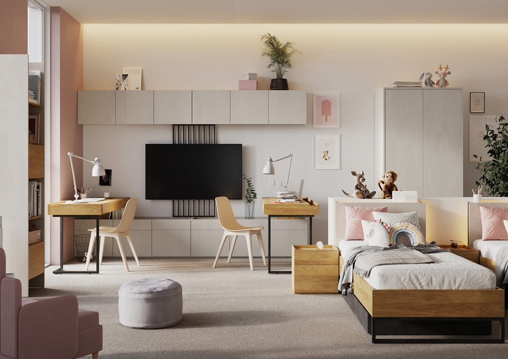 Łóżko ze stelażem TEEN FLEX powierzchnia spania 90 cm hikora naturalna/silk flou/raw steel TF16SFH Nowoczesne Komfort Powierzchnia Spania Stelaż