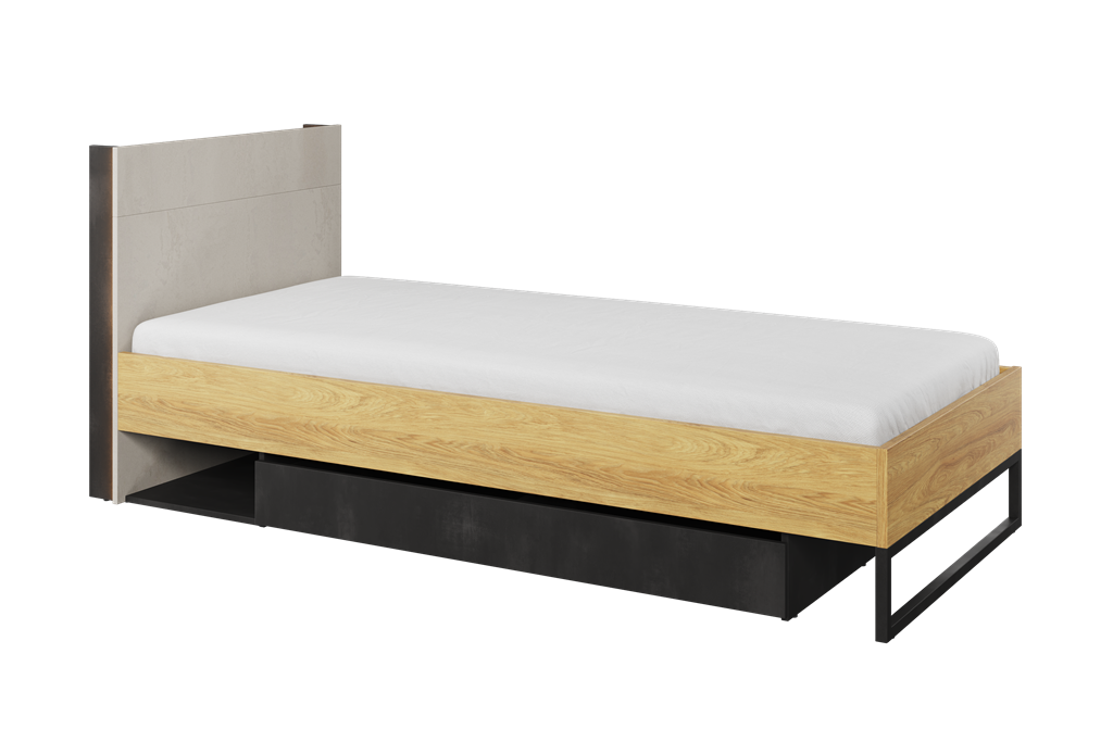 Łóżko ze stelażem TEEN FLEX powierzchnia spania 90 cm hikora naturalna/silk flou/raw steel TF16SFH Nowoczesne Komfort Powierzchnia Spania Stelaż