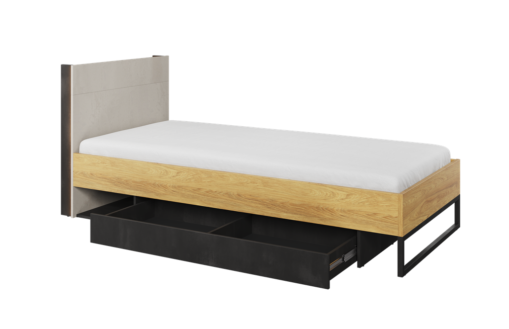 Łóżko ze stelażem TEEN FLEX powierzchnia spania 90 cm hikora naturalna/silk flou/raw steel TF16SFH Nowoczesne Komfort Powierzchnia Spania Stelaż