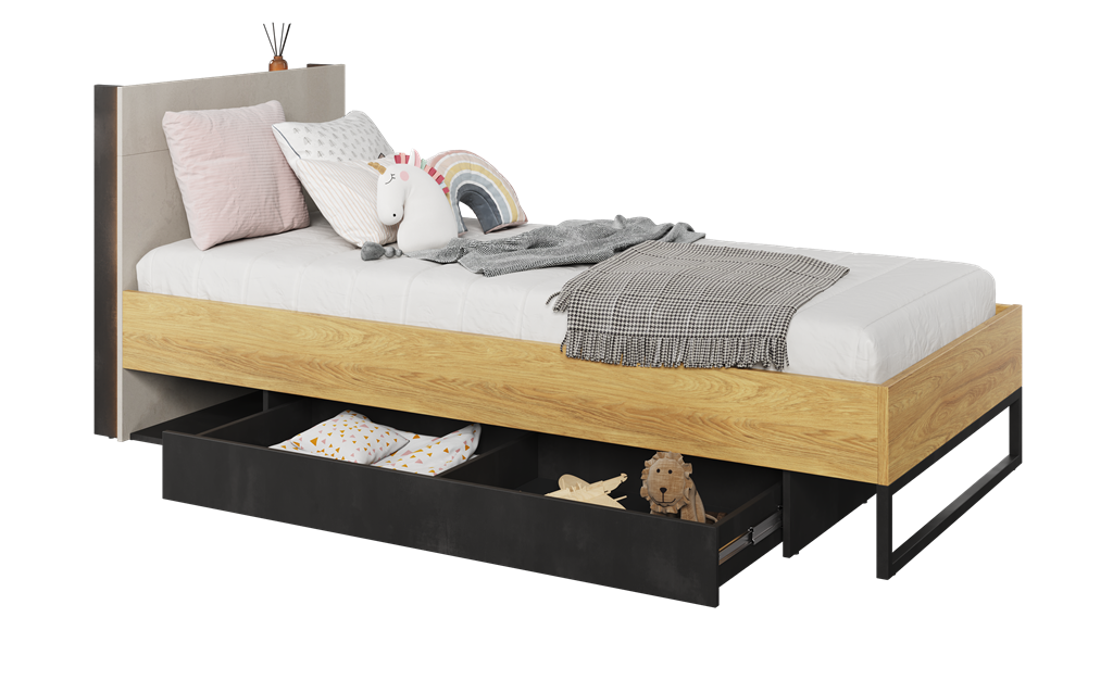 Łóżko ze stelażem TEEN FLEX powierzchnia spania 90 cm hikora naturalna/silk flou/raw steel TF16SFH Nowoczesne Komfort Powierzchnia Spania Stelaż